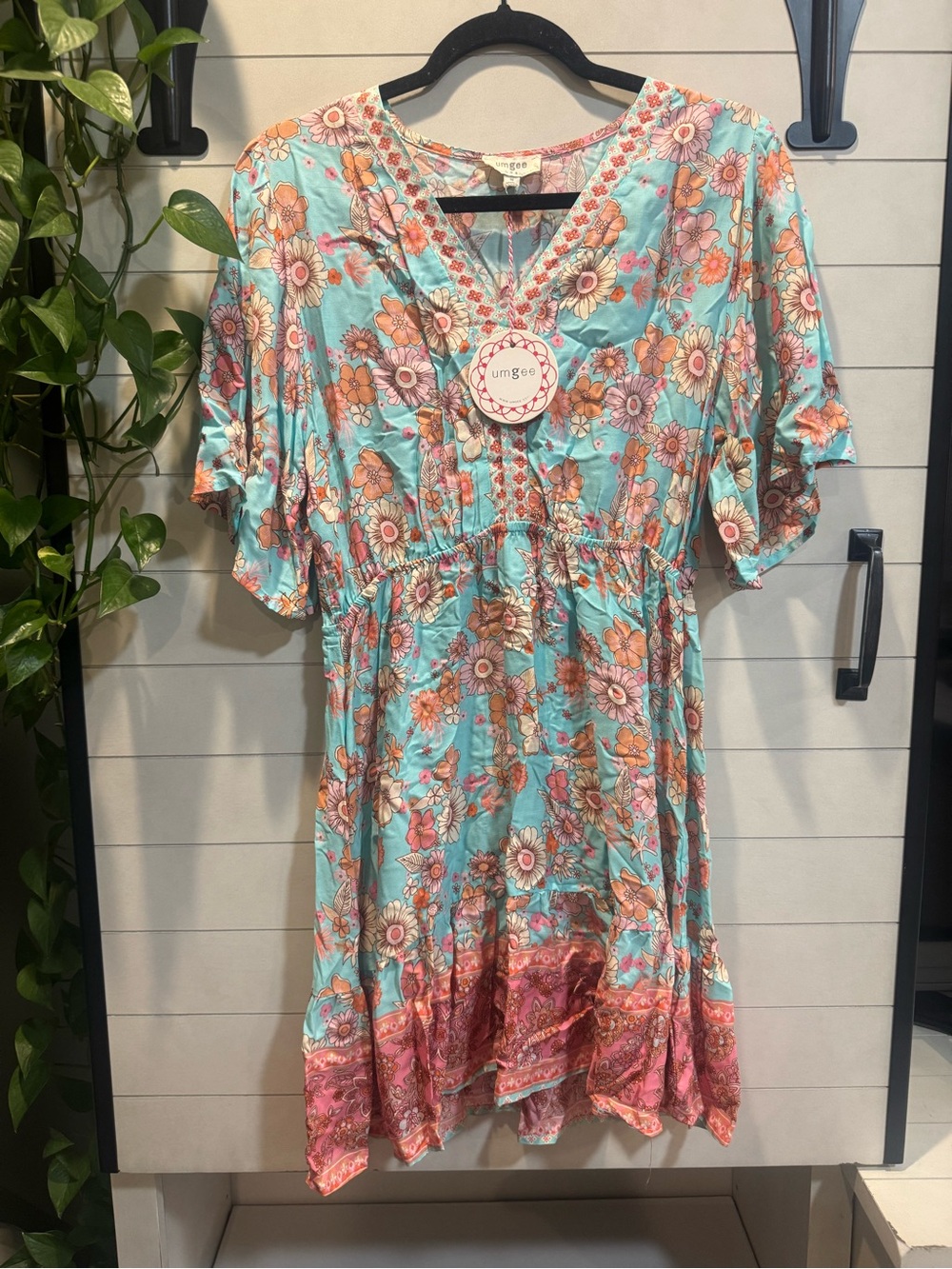 Umgee Aqua Floral Empire-Waist Midi Dress with Coral Trim